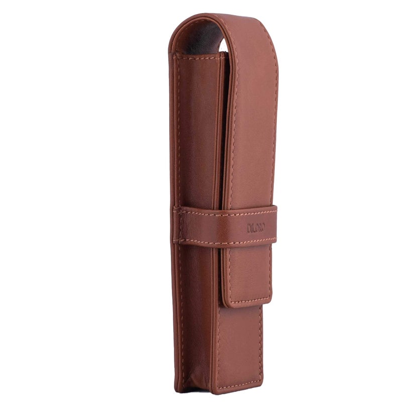 DiLoro Leather Double Pen Case Pencil Pouch Holder for Two Fountain Pens Ballpoint Rollerball and Pencils (Bugatti Tan) - Image 4